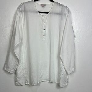 Hanna G White Linen Long Sleeve Button Front Blouse Top Size M